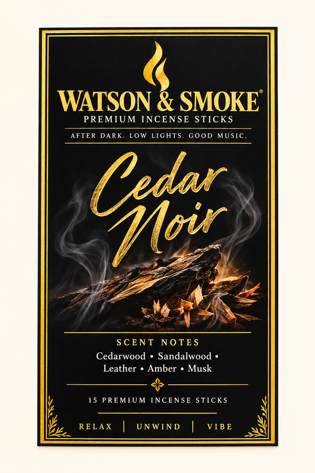 Watson & Smoke Cedar Noir incense label artwork — 15 sticks per bag