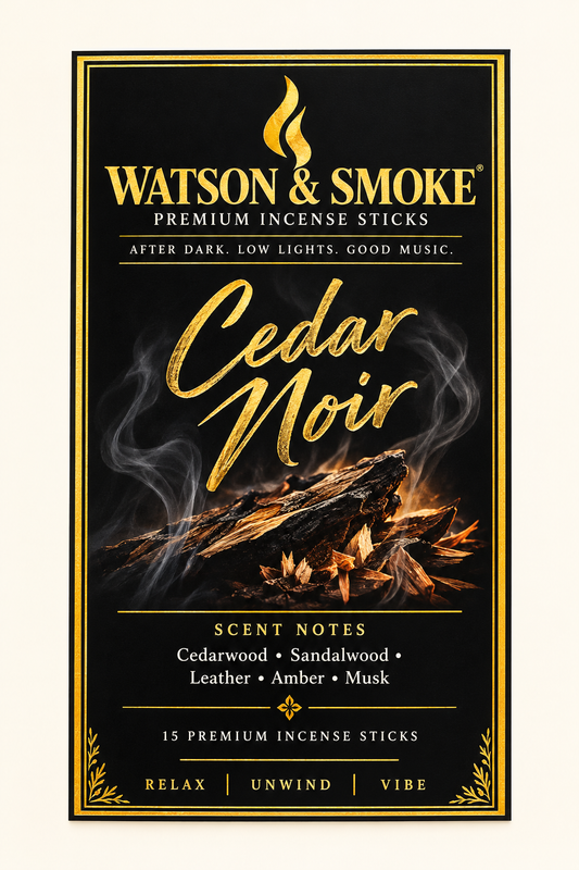 Watson & Smoke Cedar Noir incense label artwork — 15 sticks per bag