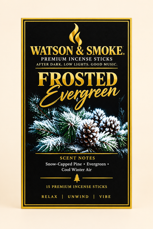 Watson & Smoke Frosted Evergreen incense label artwork — 15 sticks per bag