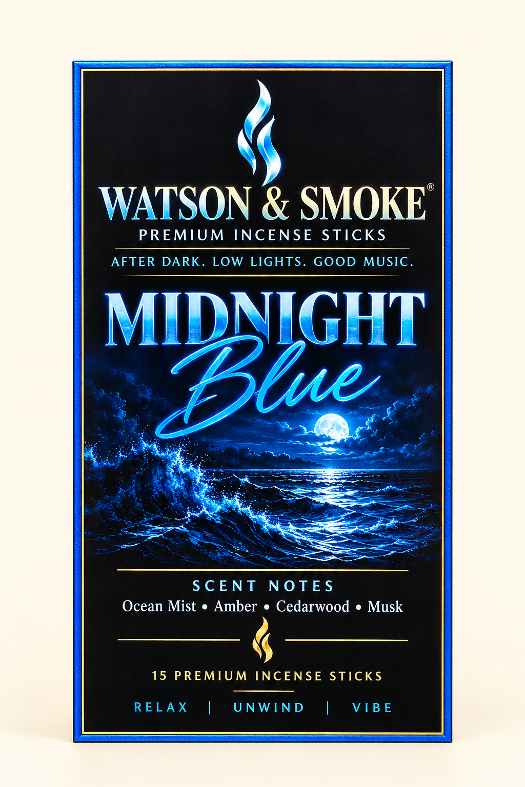 Watson & Smoke Midnight Blue incense label artwork — 15 sticks per bag